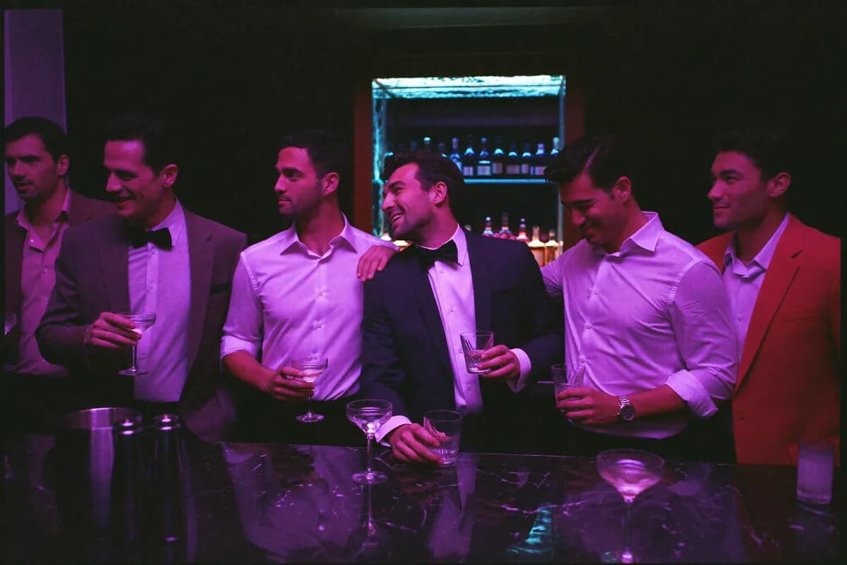 Sechs Männer in Hemd und Sakko stoßen in einer Cocktailbar mit Whiskygläsern an